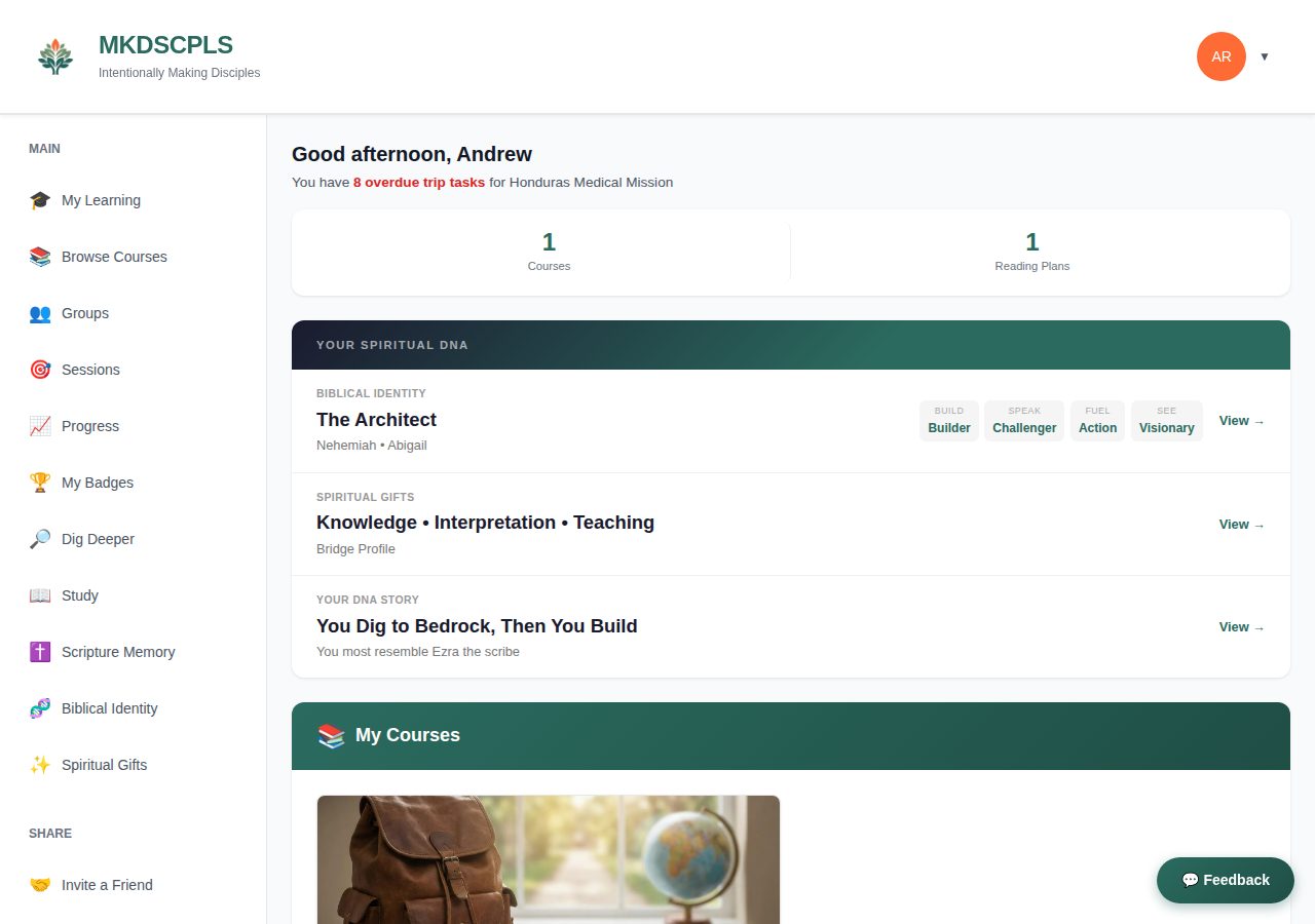 The member dashboard with the Your Spiritual DNA card and the sidebar links to Biblical Identity and Spiritual Gifts