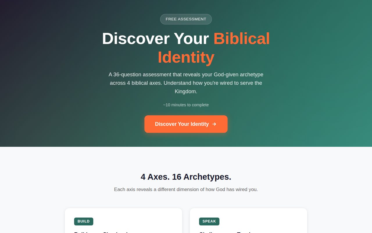 The Biblical Identity intro page with the Discover Your Identity button