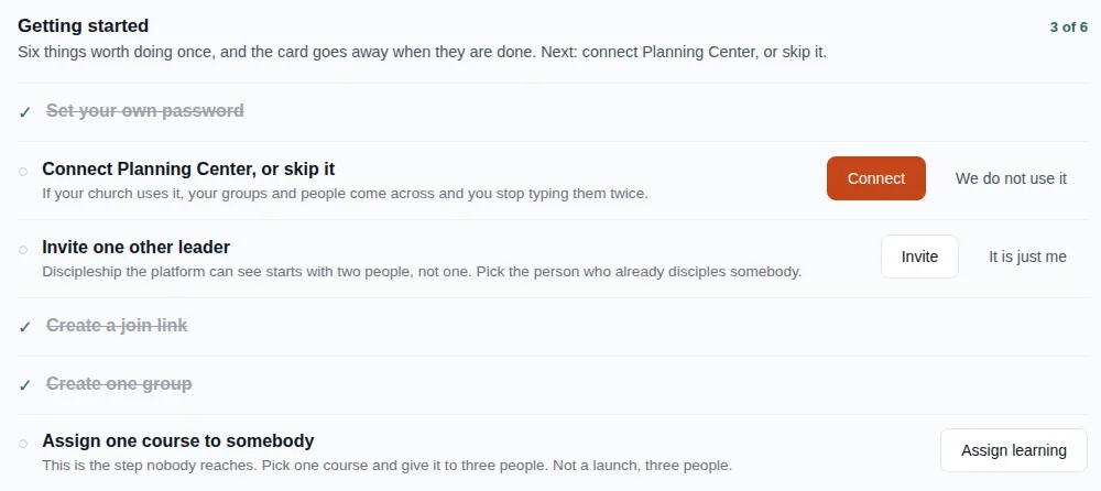 The Getting started checklist on a church admin overview: connect Planning Center, invite one other leader, create a join link, create one group, assign one course