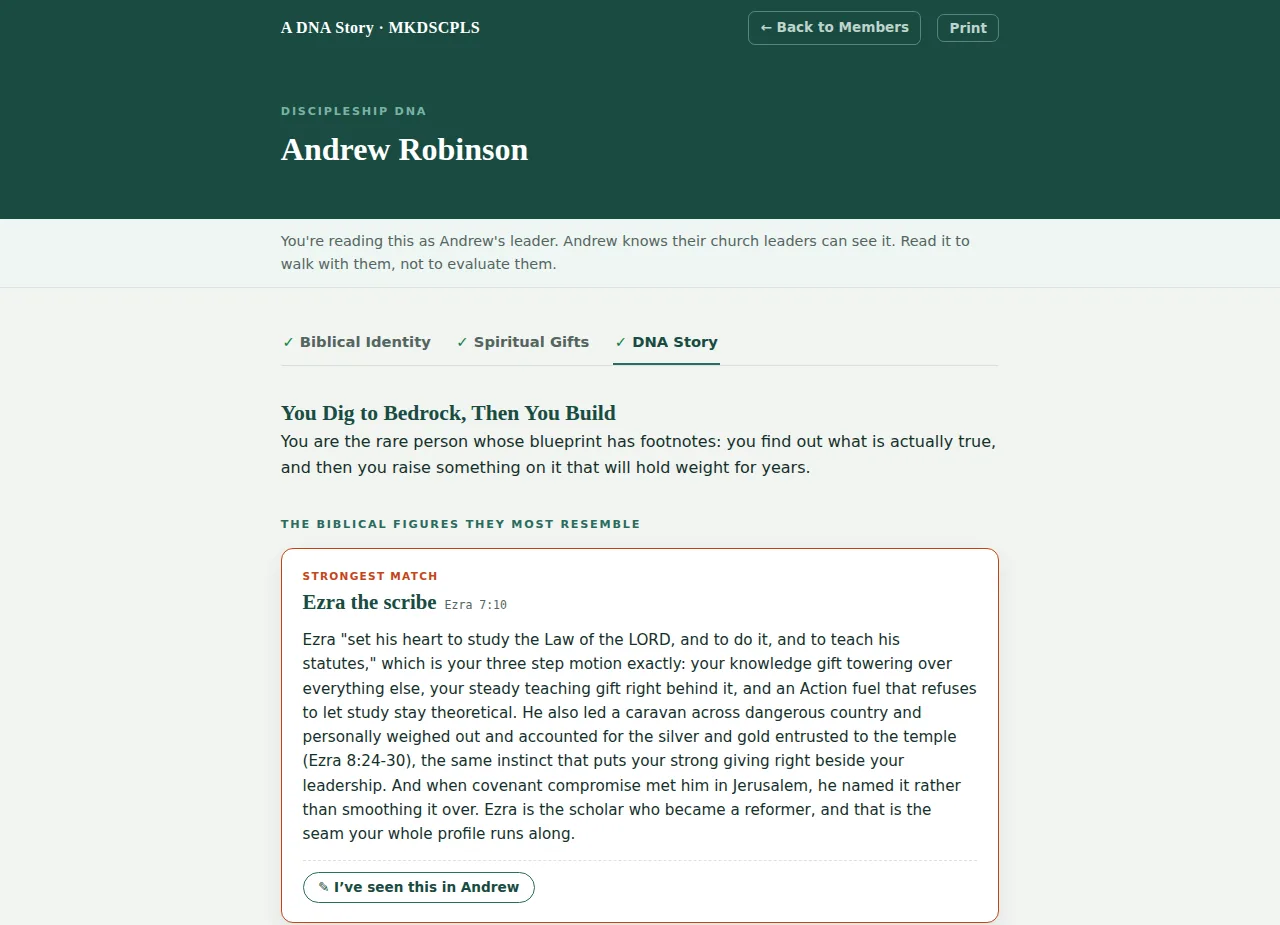 A member's DNA Story opened by their leader, with an I've seen this in Andrew affirmation button