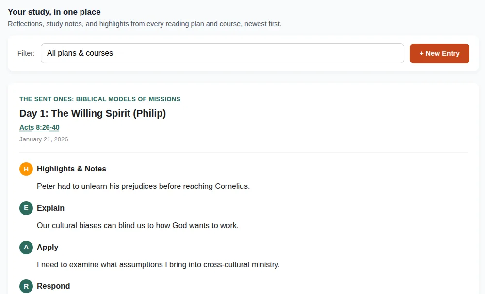 Examine showing a HEAR journal entry on Acts 8 with Highlights, Explain, Apply and Respond