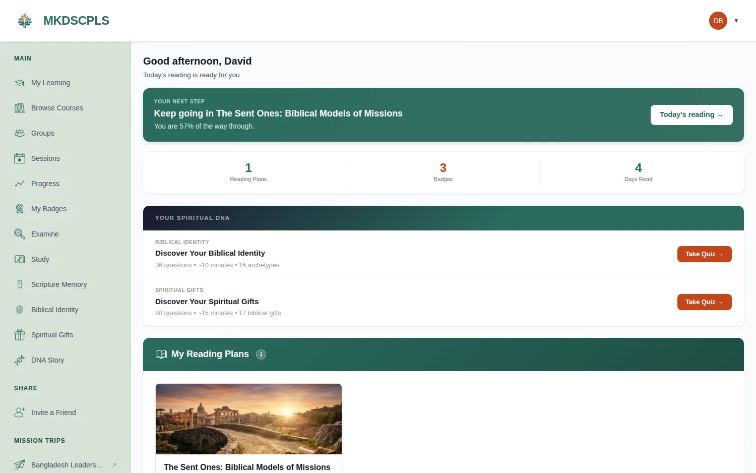 MKDSCPLS dashboard showing the next step in a reading plan