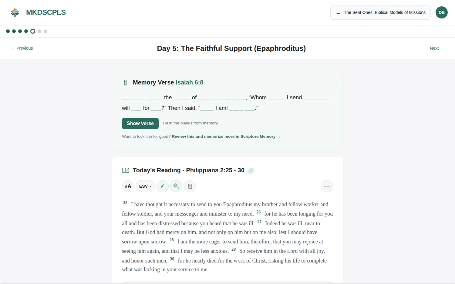 A reading plan day with a memory verse and the passage
