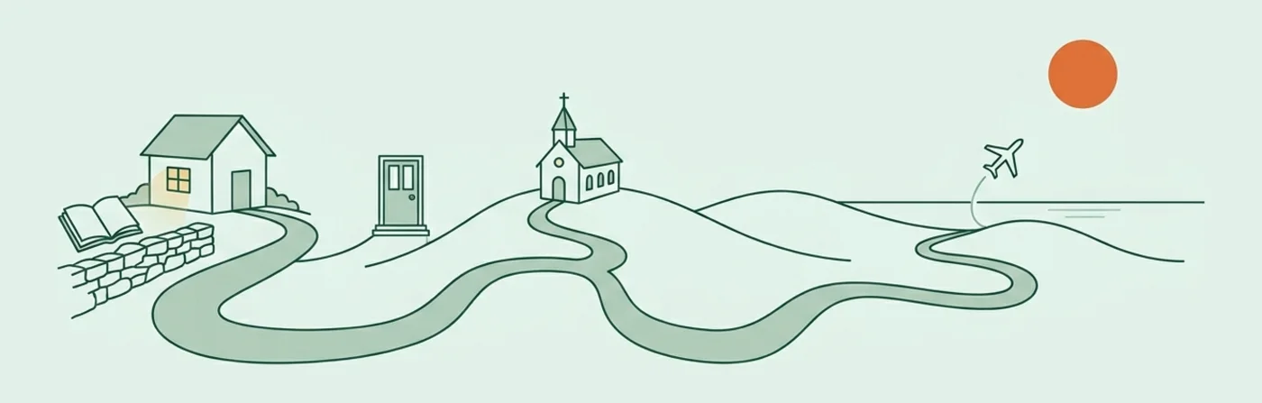 One winding road from a home with an open Bible, past a neighbor's door and a church, out to the sea where a plane rises toward the sun